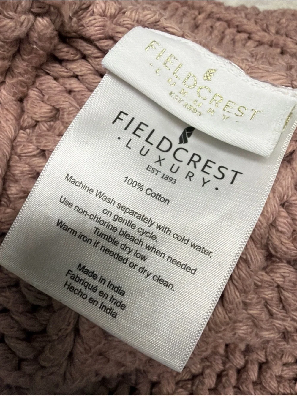 Fieldcrest luxury 100% Cotton handmade 50”x60” Mauve Knit Throw Blanket